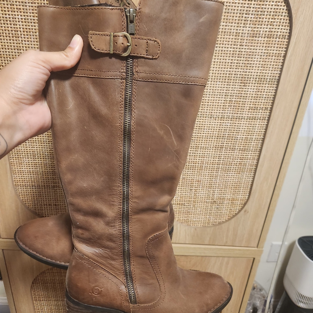 Brown Leather Knee-High Zip Riding Boots